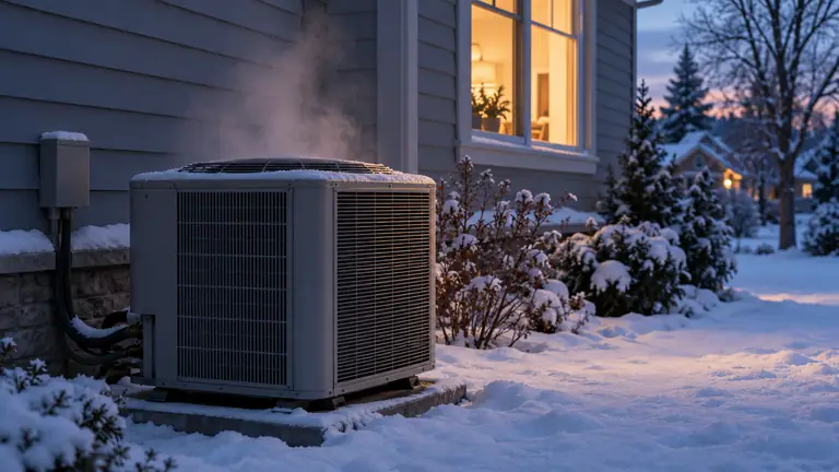 Heat pump steam rising from an outdoor unit beside a snowy house at dusk, a normal sight during the winter defrost cycle