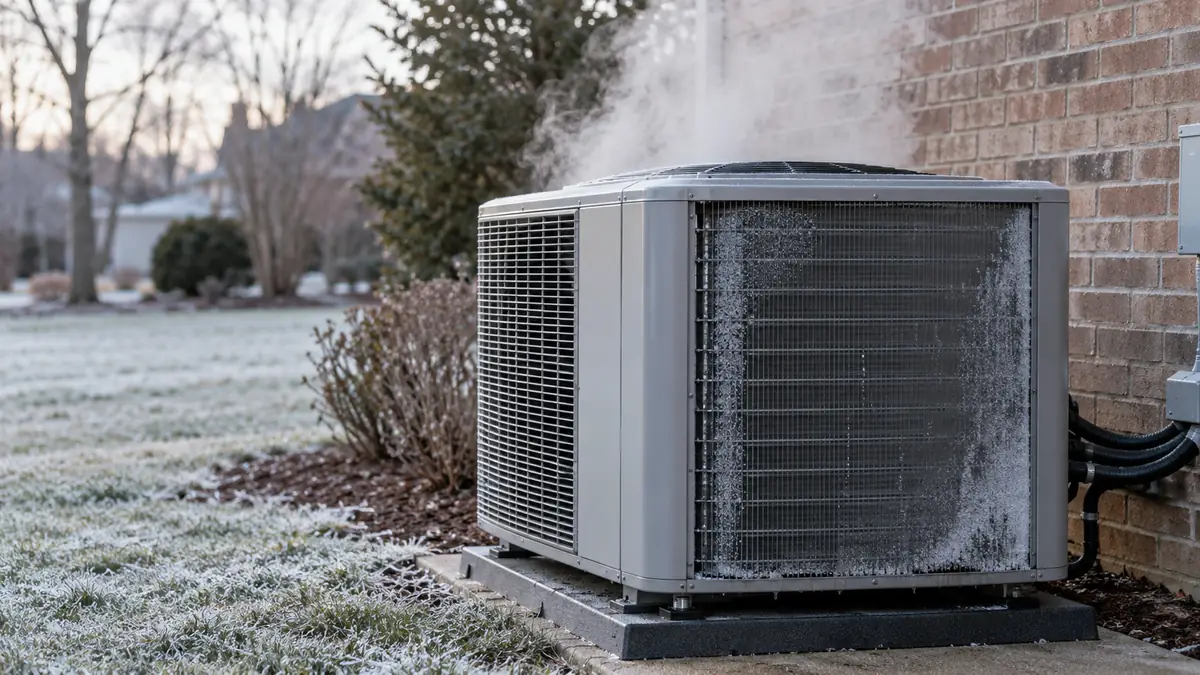 Outdoor unit of a heat pump in defrost mode with frost on the coil on a cold morning, the sight that makes owners worry about a heat pump stuck in defrost mode