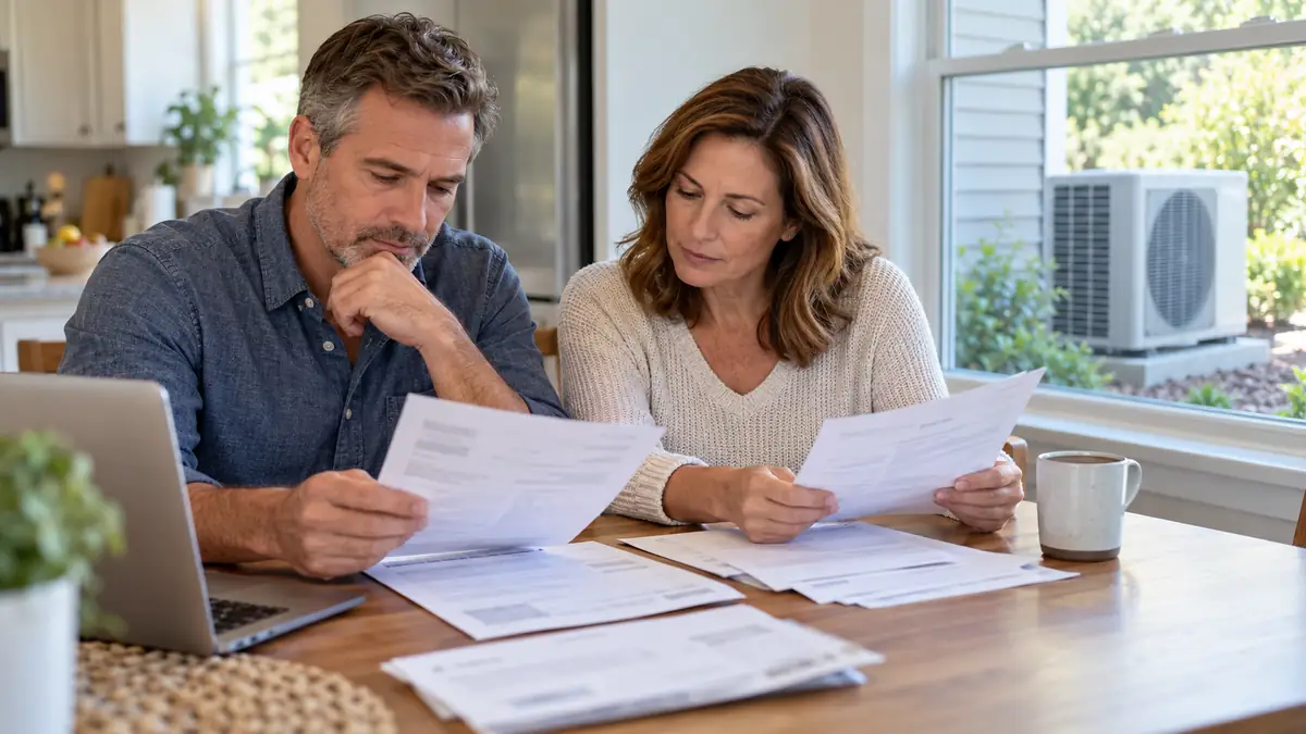 Homeowners comparing heat pump quotes and incentives at a kitchen table after the heat pump tax credit ended