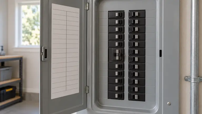 Open breaker panel with one double-pole handle sitting in the middle position, the usual sign of a heat pump tripping breaker