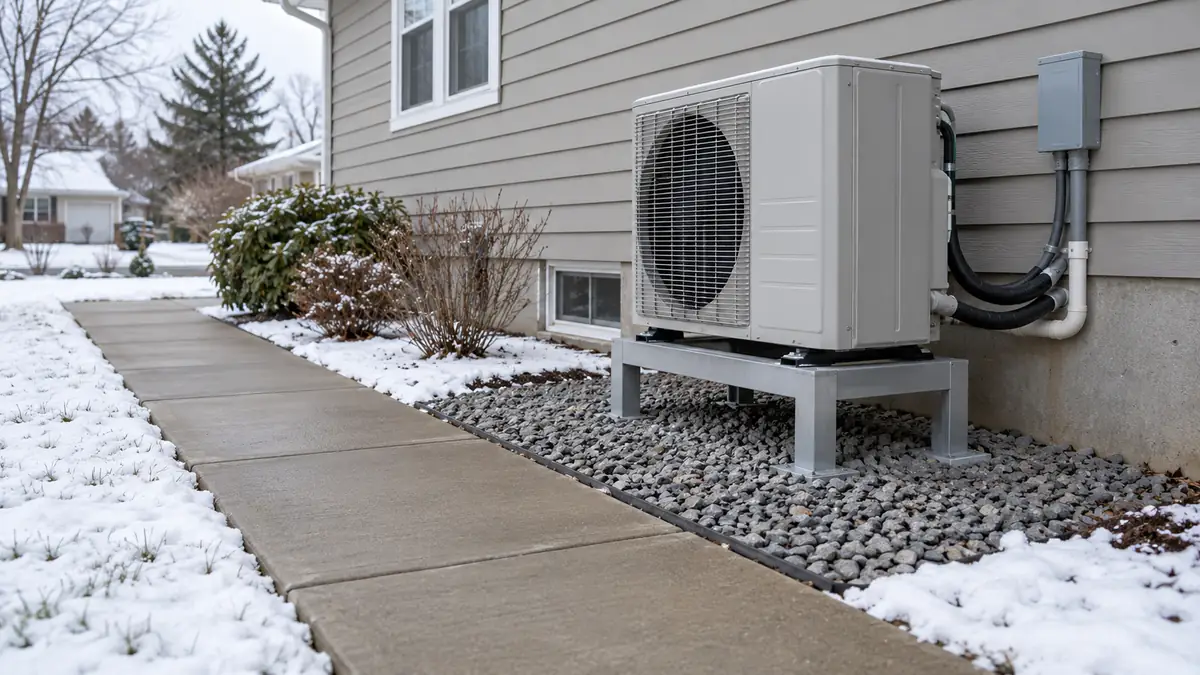 Level outdoor heat pump on a raised metal stand over a gravel bed, with a dry, clear walkway and snow nearby