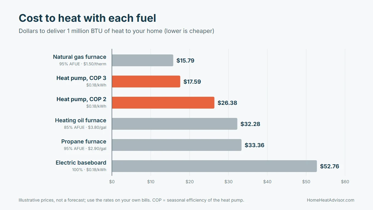 Bar chart comparing the cost per million BTU of heat for a heat pump, gas, oil, propane and electric baseboard