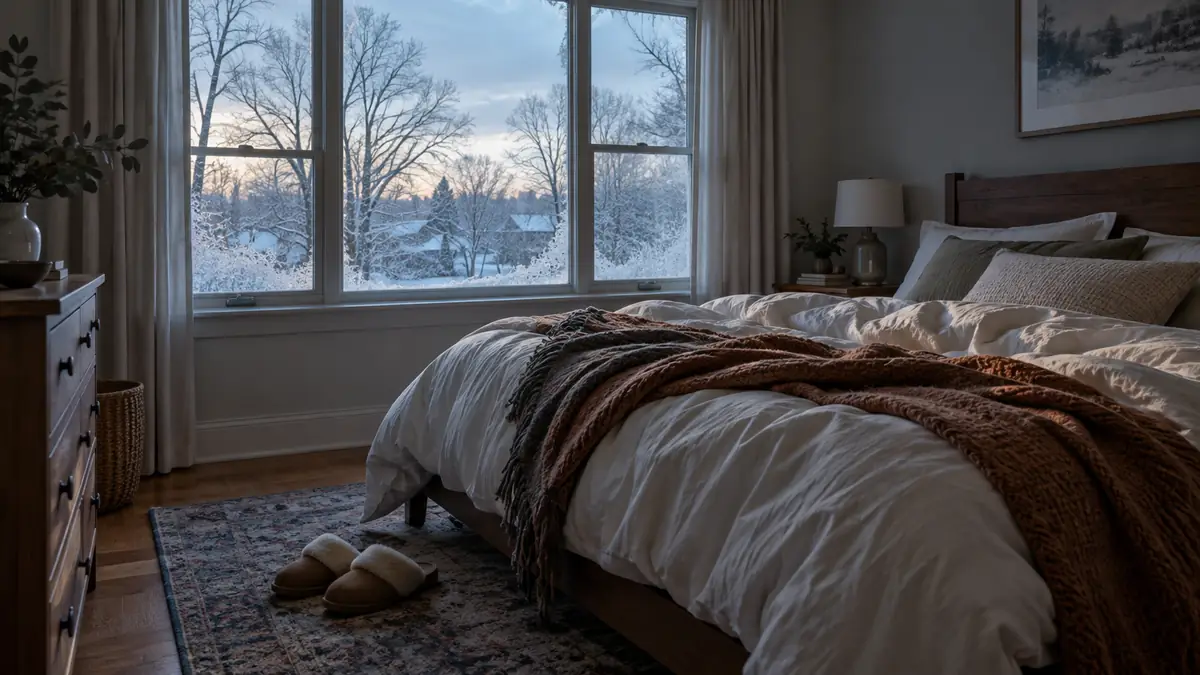 Bedroom on a frosty winter morning with a thermostat showing a cool room, the kind of setback recovery that can trigger backup heat