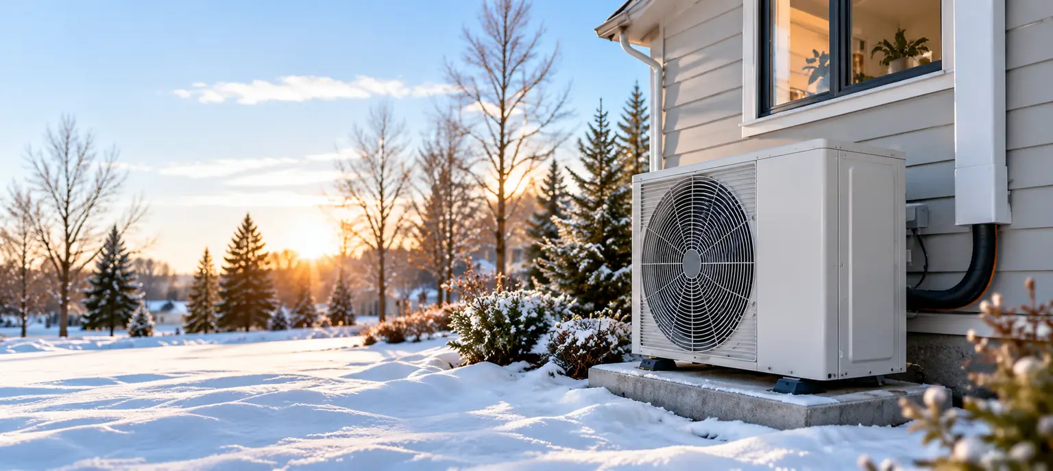Outdoor heat pump unit on a concrete pad beside a home in snow at sunrise