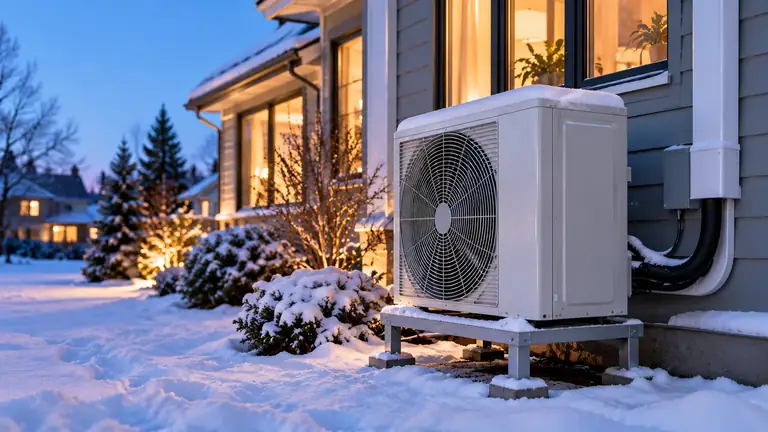 Heat pump outdoor unit on a raised stand in the snow beside a warmly lit house at dusk