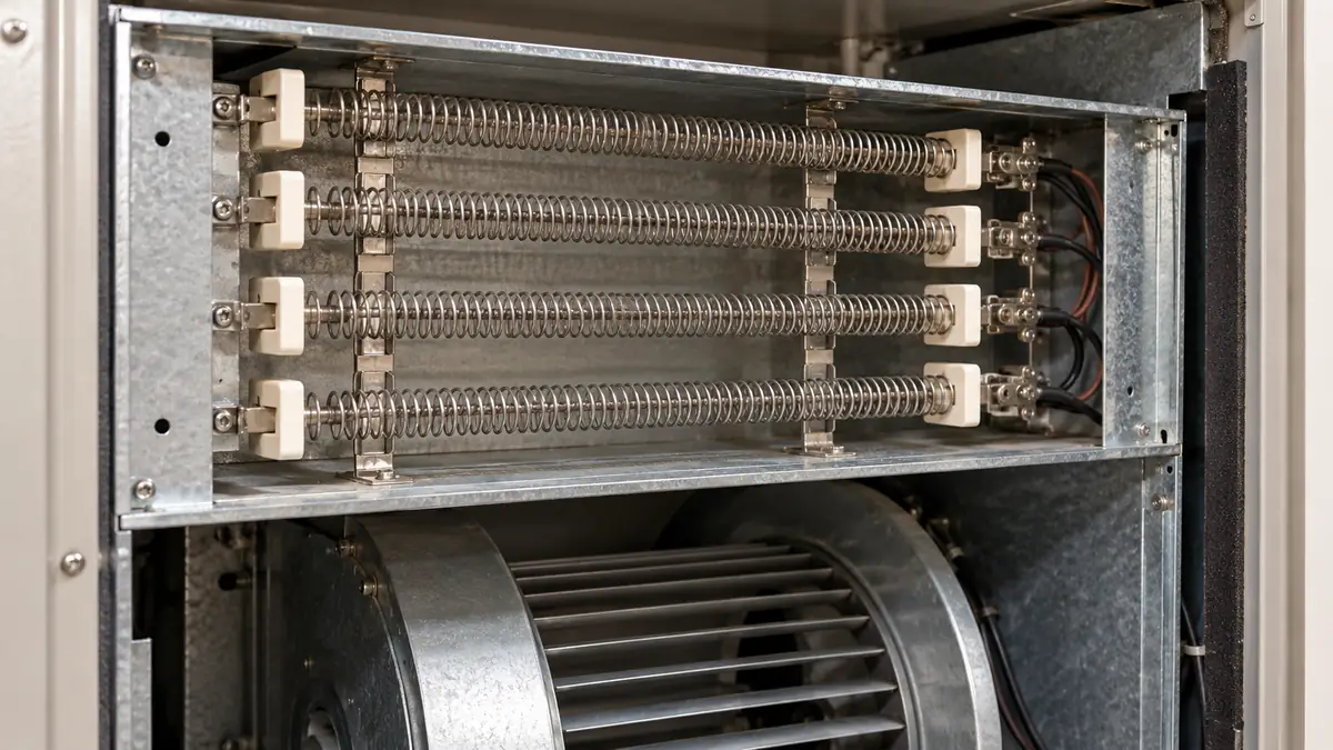 Electric heat strip elements coiled on ceramic insulators inside a heat pump air handler above the blower