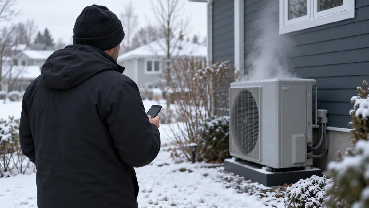 A homeowner in a winter coat standing a few feet from a heat pump outdoor unit, checking the time on a phone while steam rises from the unit during defrost