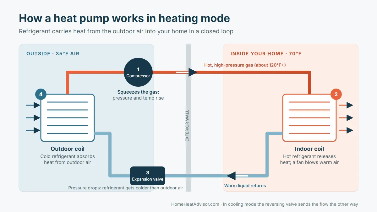 Diagram of how a heat pump works in heating mode: the outdoor coil absorbs heat, the compressor raises its temperature, the indoor coil releases it and the expansion valve drops the pressure