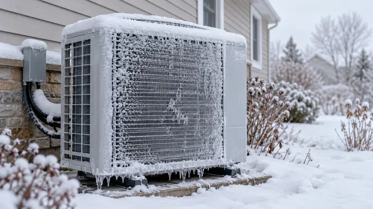 A frozen heat pump outdoor unit with ice and frost on the coil and top grille beside a house in winter, the starting point for how to defrost a frozen heat pump