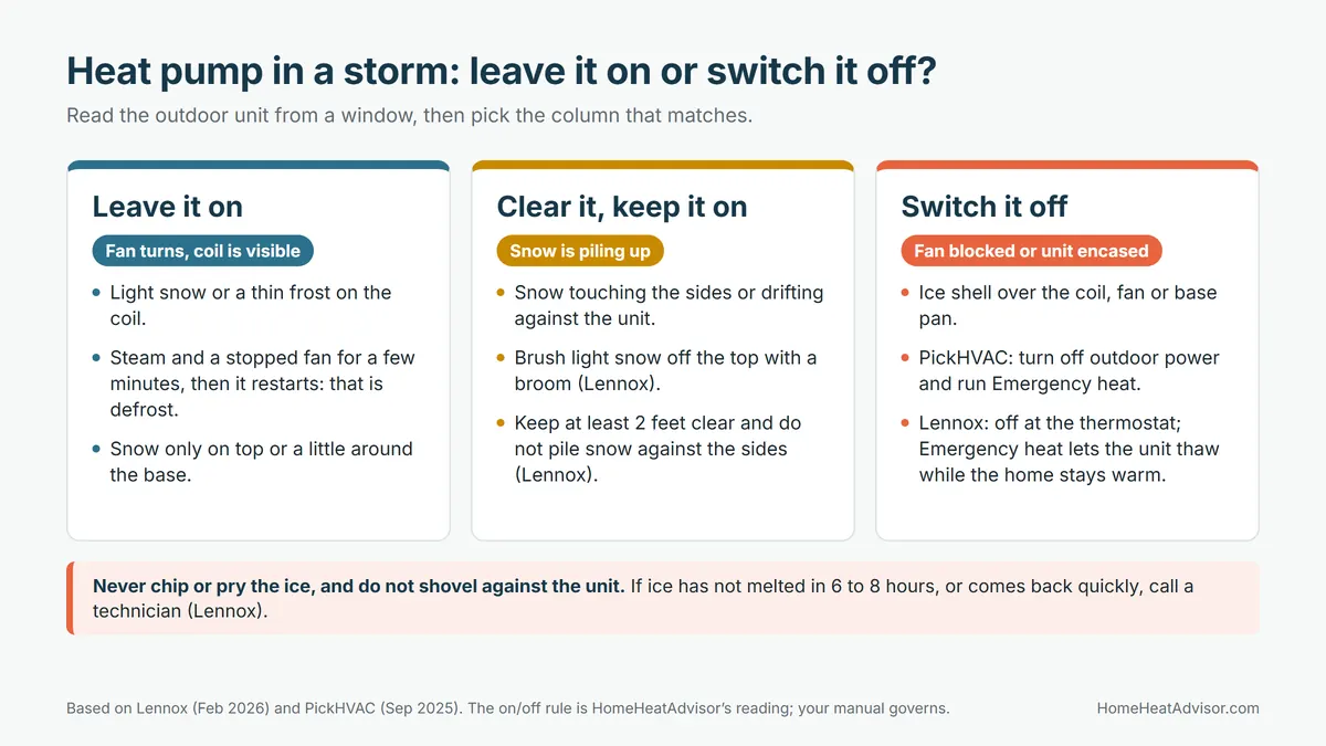 Three-column chart on whether to leave a heat pump on or switch it off in a storm: leave it on when the fan turns and the coil is visible, clear it and keep it on when snow piles up, switch it off when the fan is blocked or the unit is encased in ice