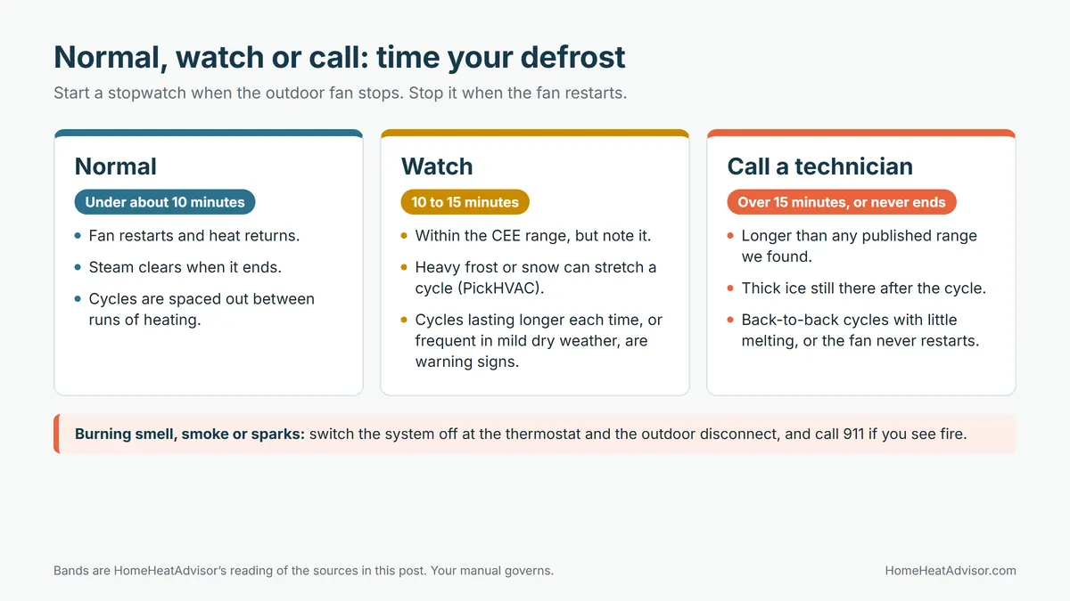 Three-column chart for timing a heat pump defrost cycle: normal under about 10 minutes, watch from 10 to 15 minutes, and call a technician over 15 minutes or if it never ends