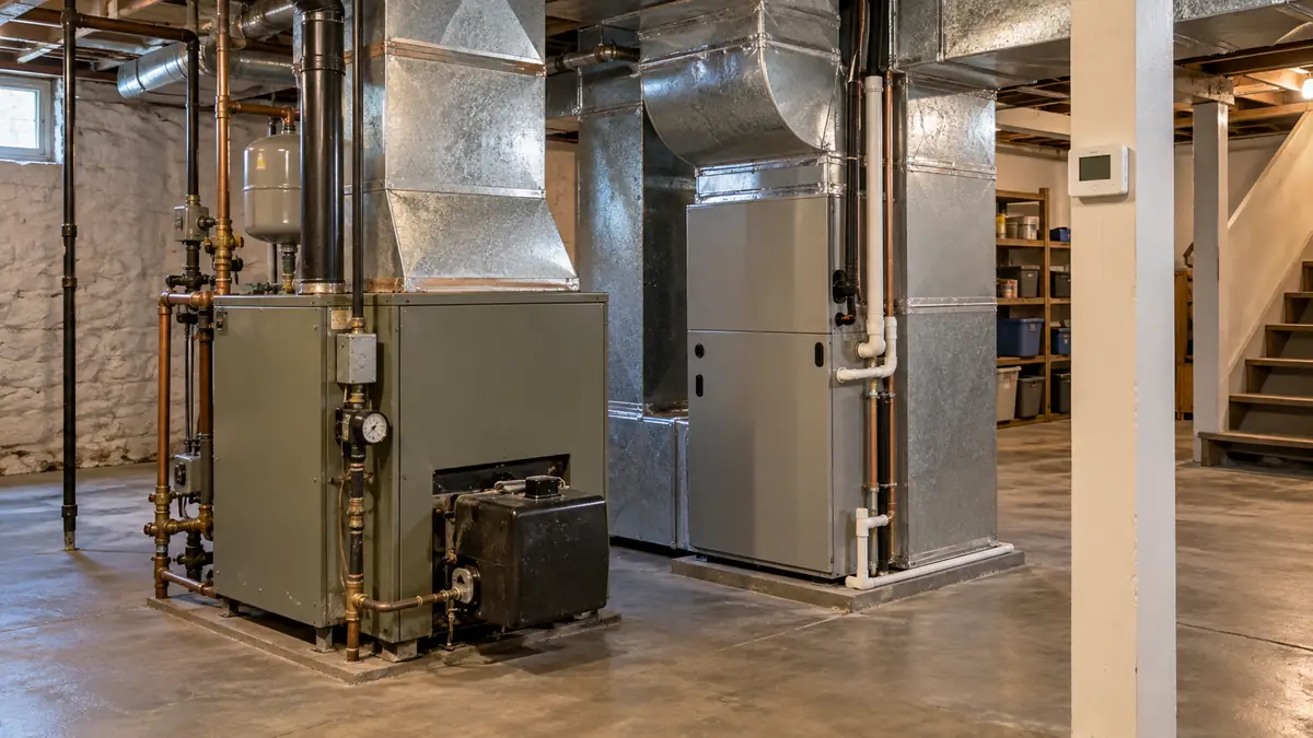 Basement mechanical room with an oil-fired furnace and a newer indoor air handler sharing the same ductwork, a thermostat on a post nearby