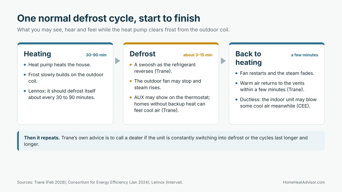 Diagram of one normal heat pump defrost cycle in three stages: heating for 30 to 90 minutes, defrost for about 3 to 15 minutes with the fan stopped and steam rising, and a return to heating within a few minutes