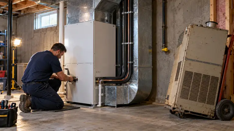 Technician connecting a new heat pump air handler to existing ductwork while the old gas furnace waits on a hand truck