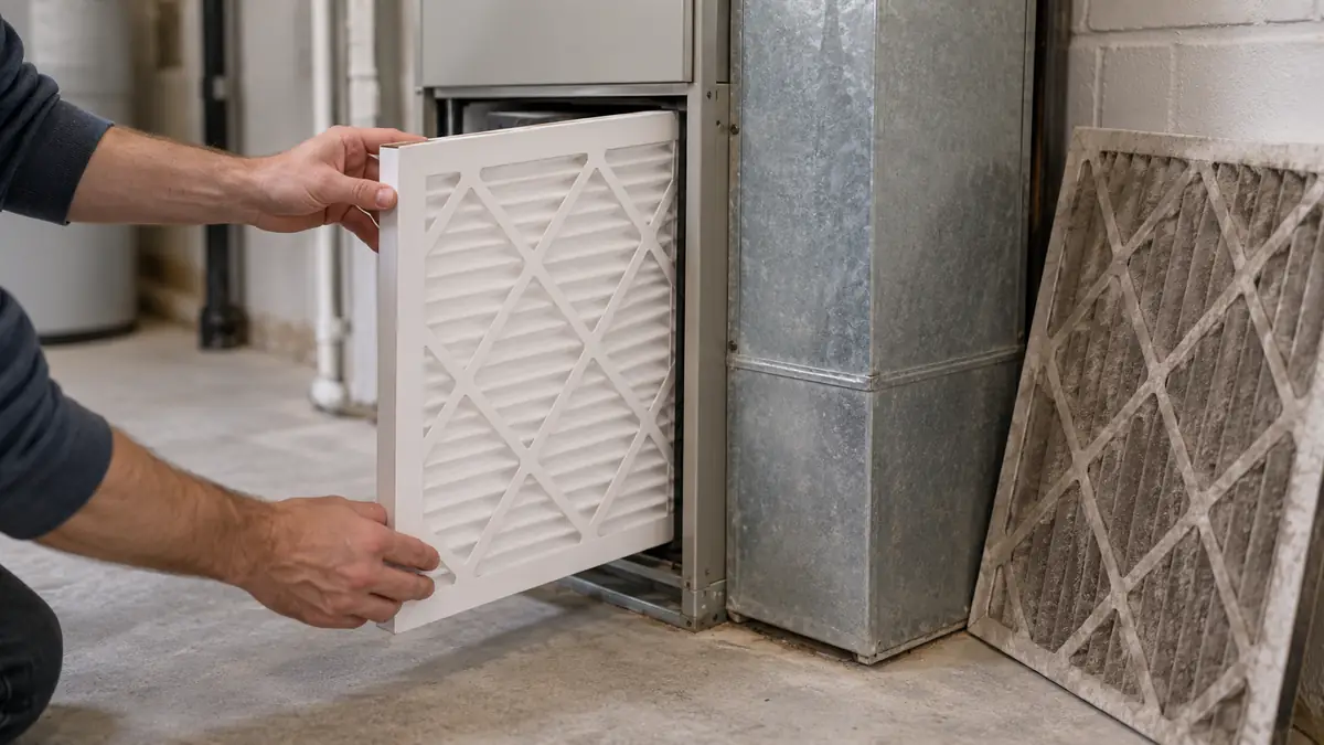 Homeowner sliding a clean pleated filter into an indoor air handler, with a dirty gray filter leaning against the wall