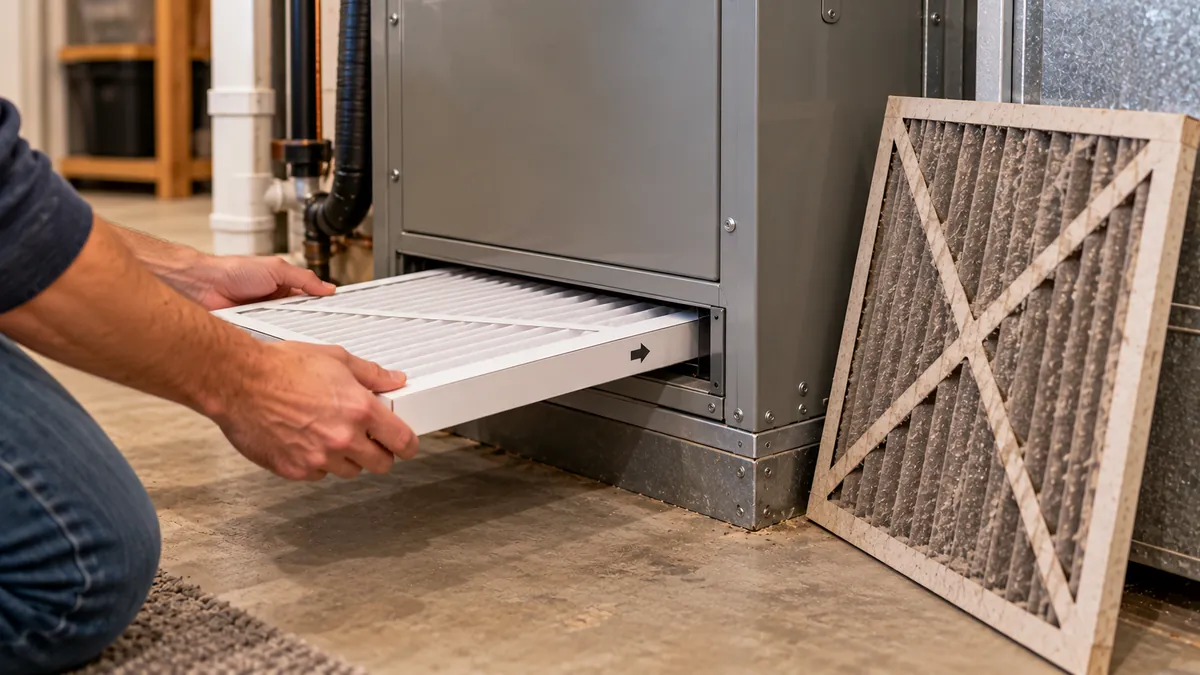 Replacing a dirty heat pump air filter with a new pleated filter in the air handler