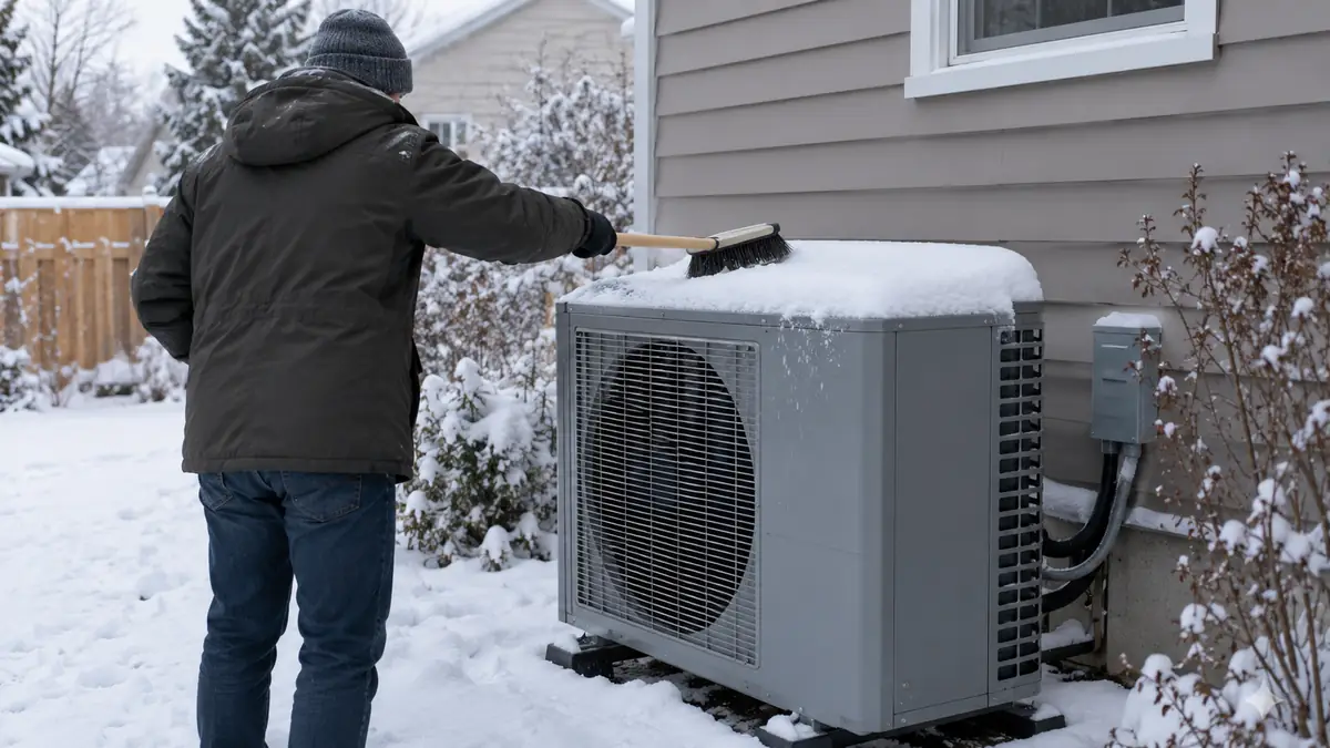 A homeowner clearing snow from around a heat pump outdoor unit with a soft broom, the safe way to start to defrost a frozen heat pump