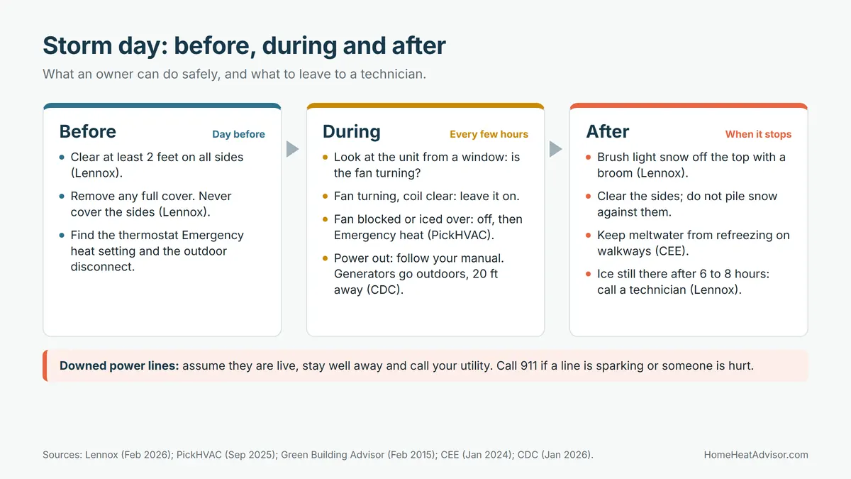 Timeline chart for a heat pump in an ice storm or snowstorm in three steps: before, during and after, with what an owner can do safely and a warning about downed power lines