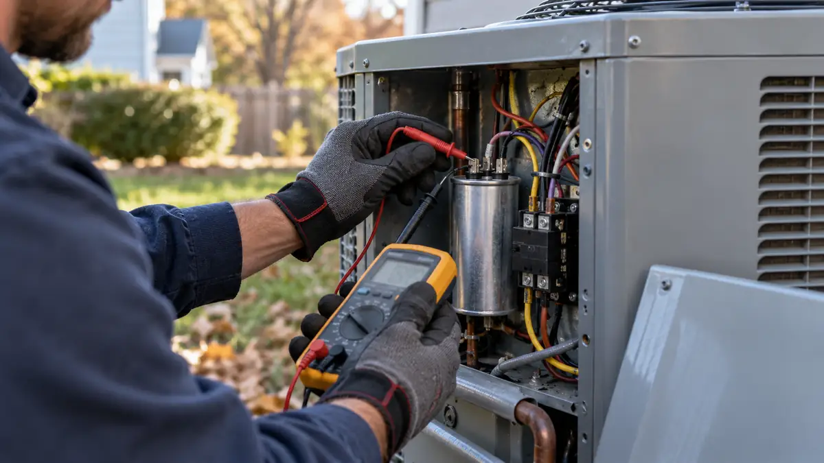 HVAC technician testing the run capacitor inside an outdoor heat pump unit with a multimeter