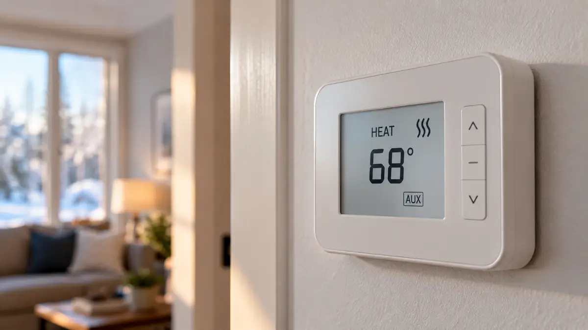 Wall thermostat set to heat with the AUX backup heat indicator lit during a heat pump defrost