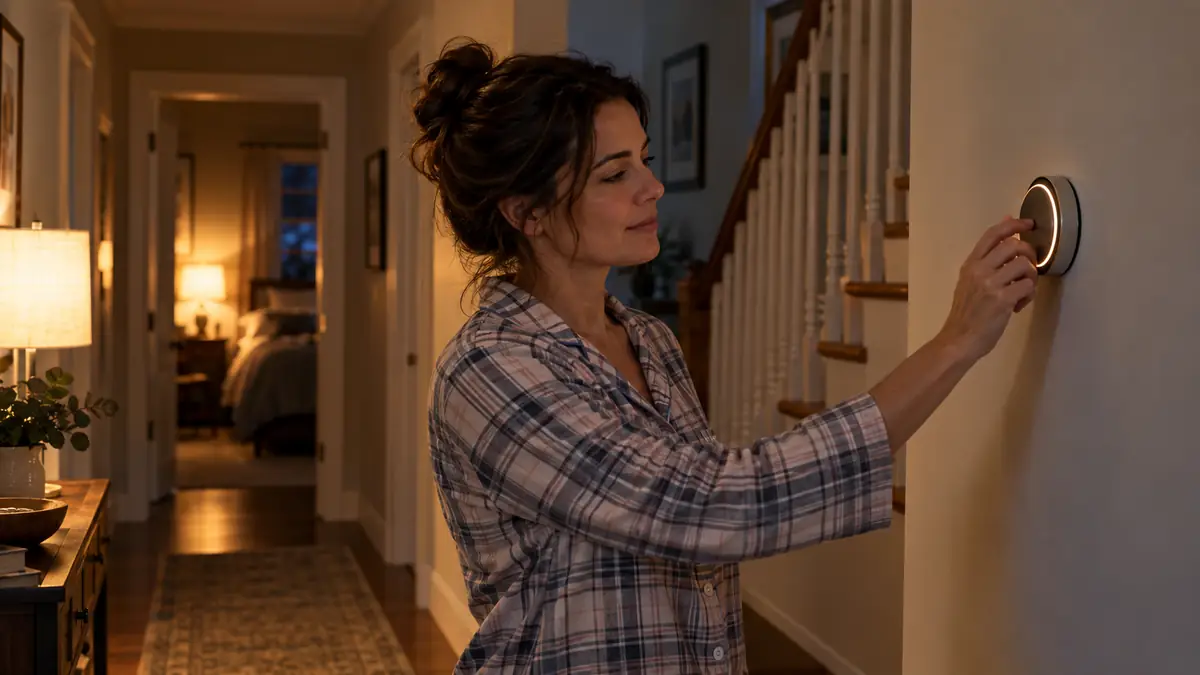 Homeowner adjusting a wall thermostat at night while deciding whether to turn down a heat pump at night
