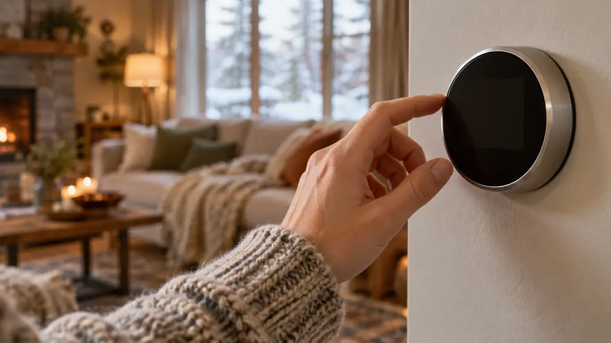 Wall thermostat in a living room on a winter evening with a cozy couch and a window showing snow outside