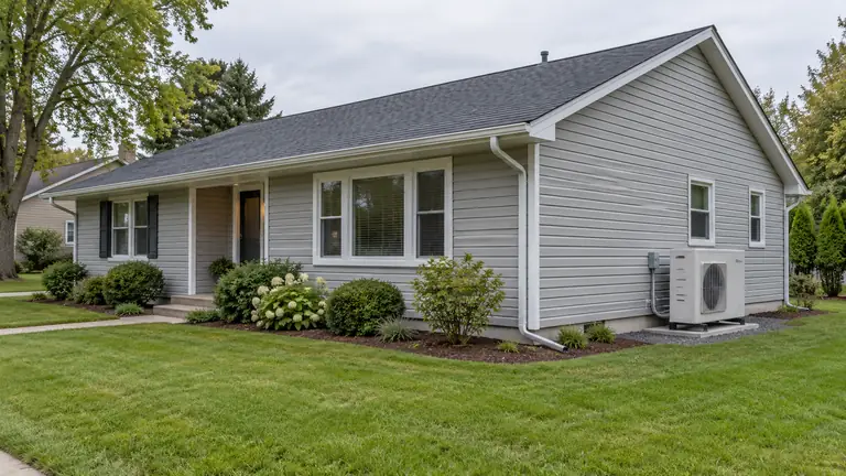 Single-story ranch house with an outdoor heat pump on a pad beside the wall, the kind of home where people ask what size heat pump for 1500 sq ft